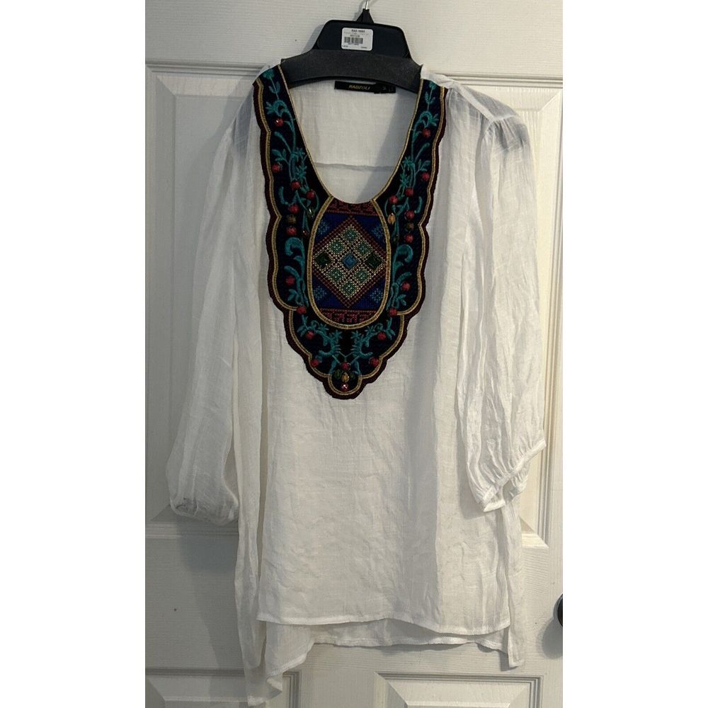 Radzoli Sheer White Tunic Shirt Embroidered Multicolor Artsy Boho SIze M